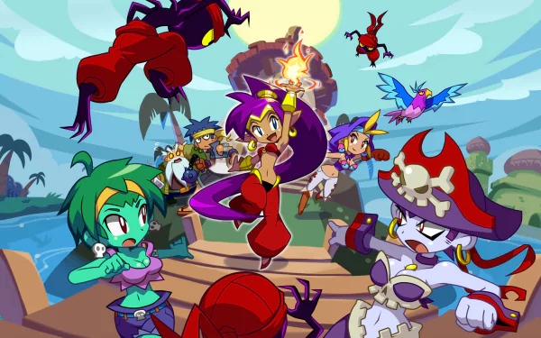 HD wallpaper featuring Shantae and other characters from Shantae: Half-Genie Hero in a colorful, adventure-filled backdrop.