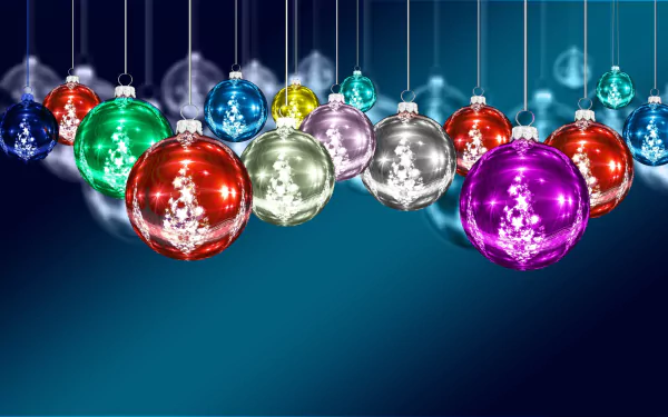 Vibrant colorful Christmas ornaments hanging in rows over a teal background, sparkling lights reflected on glossy baubles — 4K Ultra HD holiday desktop wallpaper.