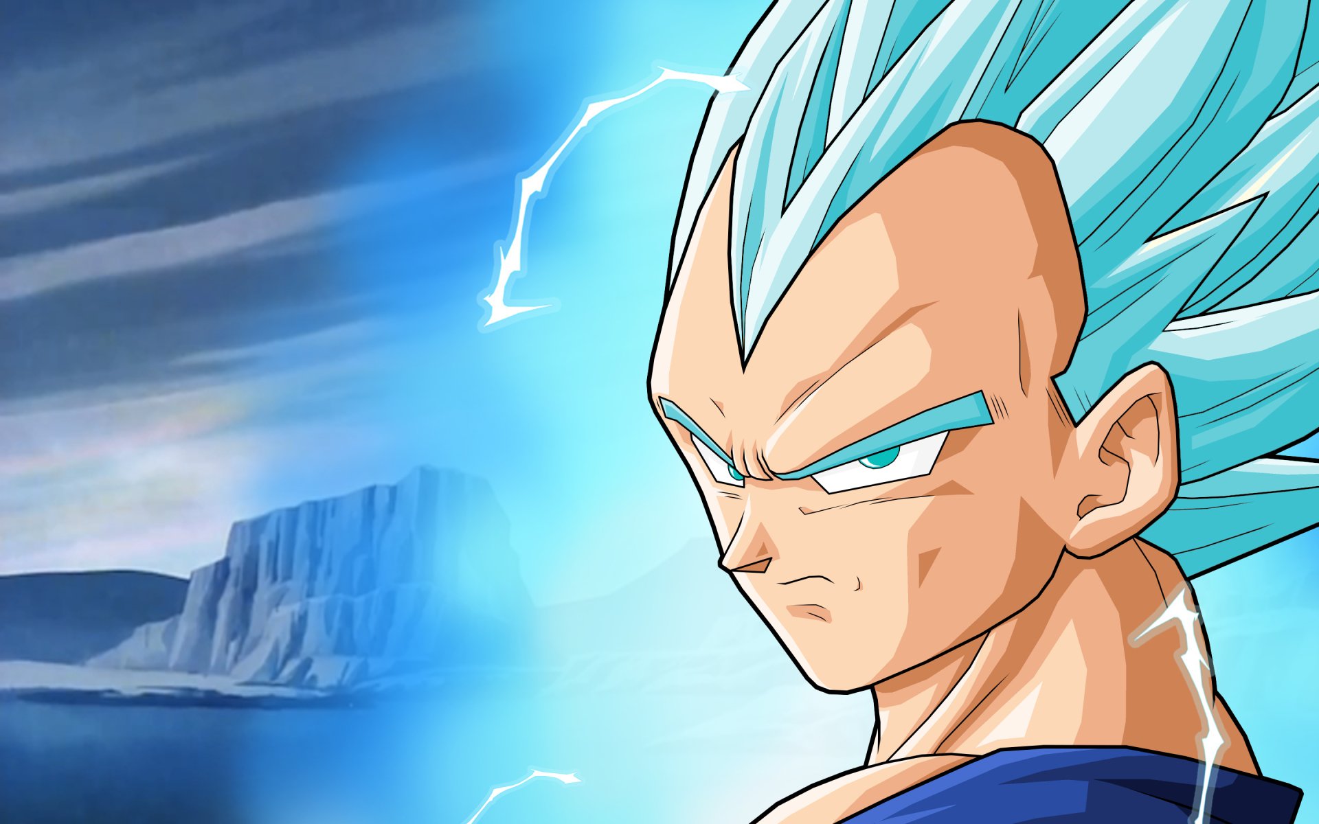 HD PC desktop wallpaper featuring an intense close-up of Vegeta in his blue Super Saiyan form from the anime Dragon Ball Super, with a stormy background.