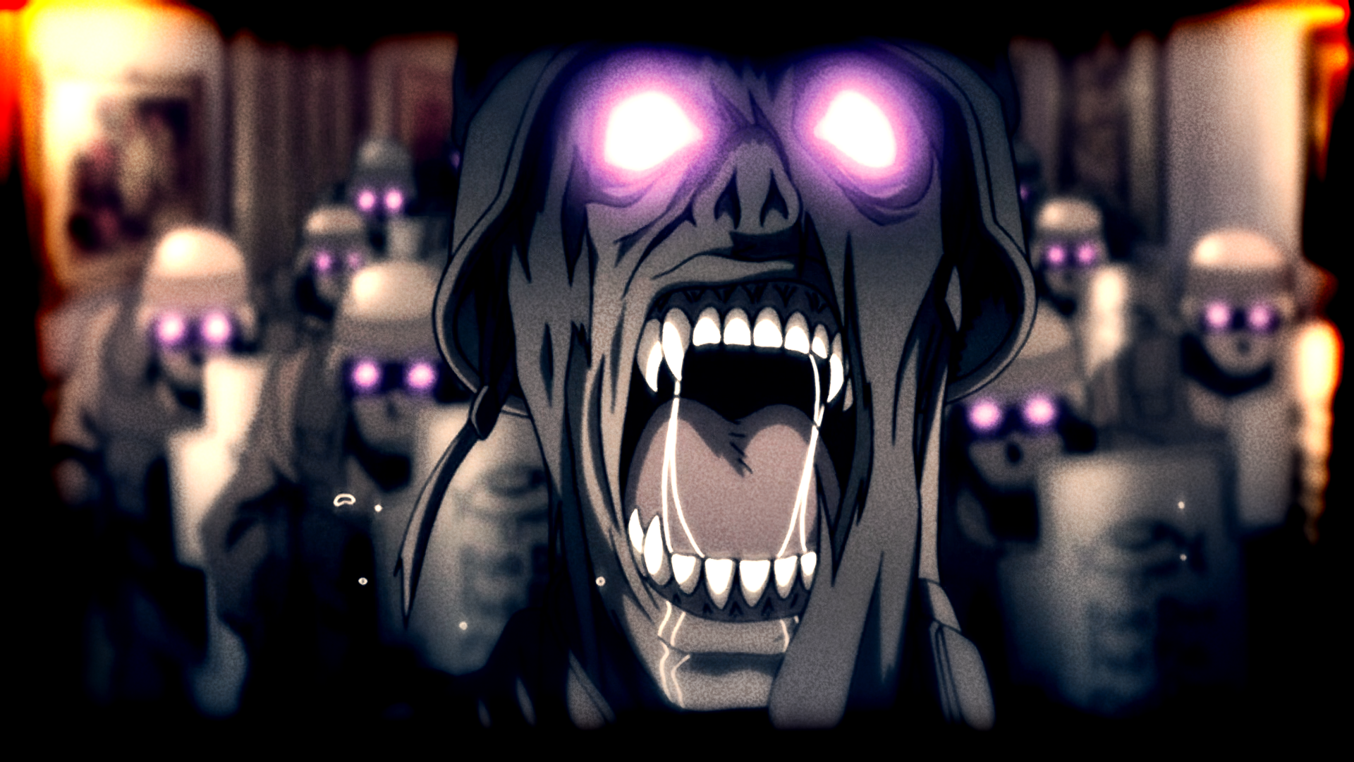 HD desktop wallpaper featuring dark anime imagery from Hellsing, showcasing a vampire-zombie with glowing eyes and fangs, surrounded by a horde of similar creatures in a dark, ominous setting.