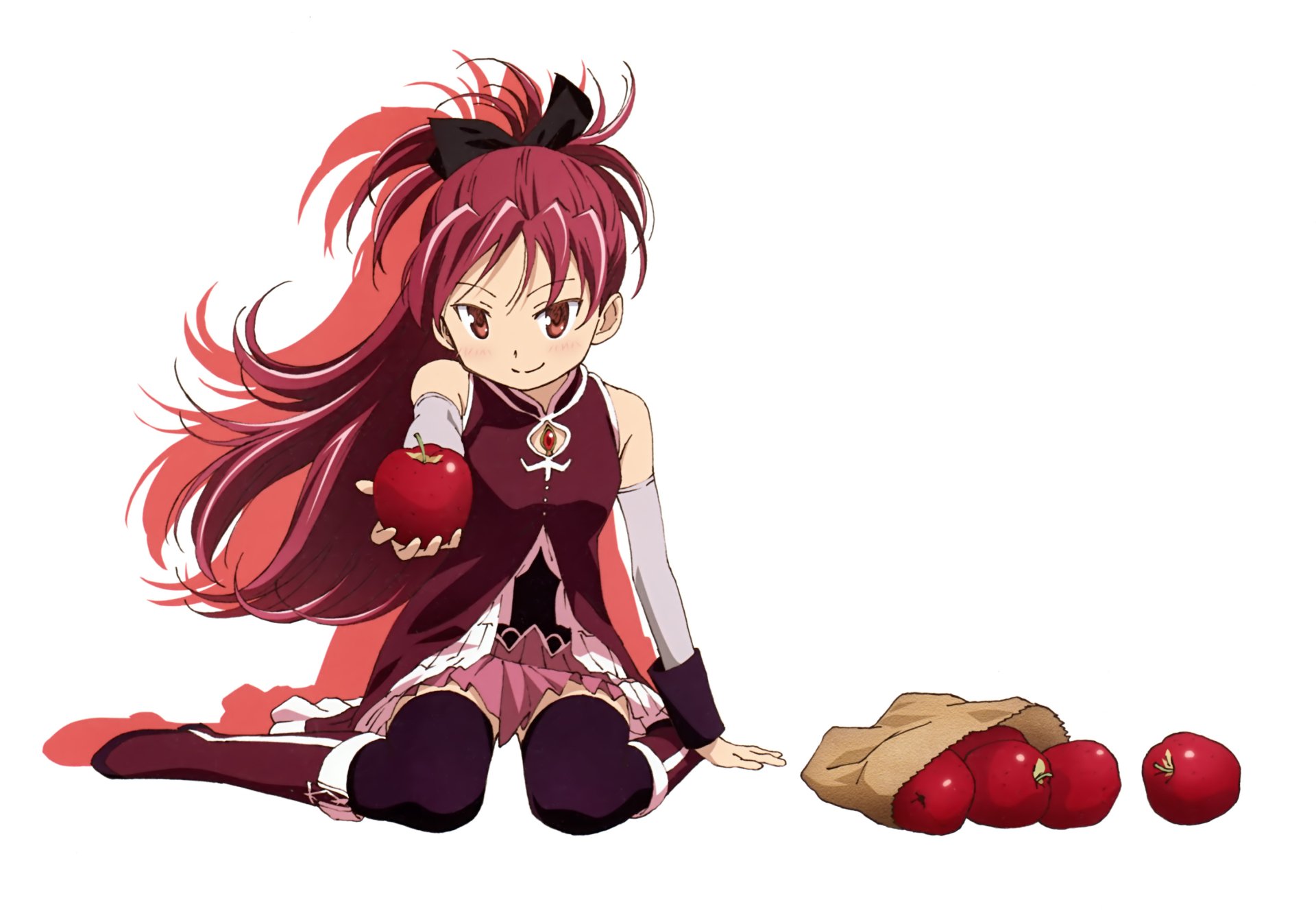 2K Quad HD PC desktop wallpaper of Kyoko Sakura from Puella Magi Madoka Magica — anime portrait of her sitting with apples on a white background.