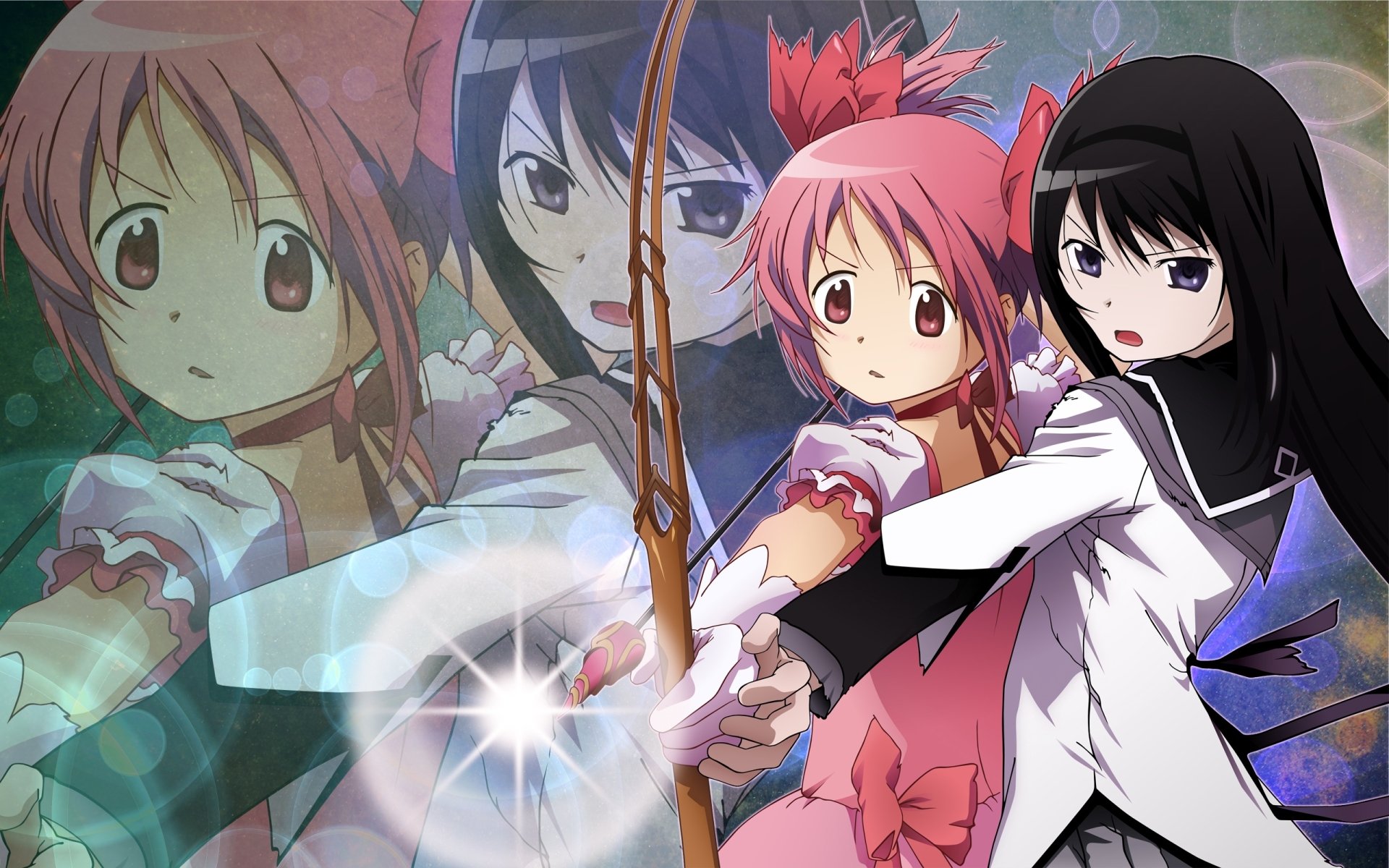 Puella Magi Madoka Magica 2K Quad HD PC wallpaper: Madoka aiming a glowing bow with Homura at her side, faded character portraits behind them and colorful bokeh effects.
