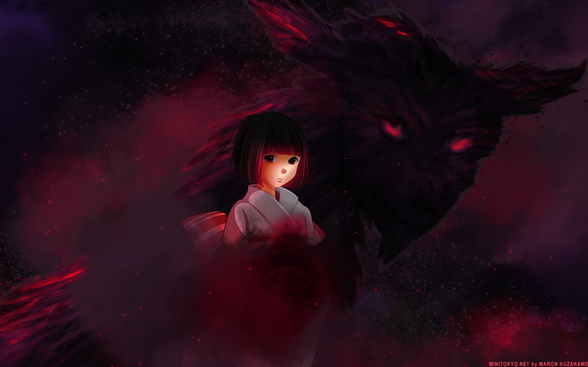 HD desktop wallpaper featuring an anime scene from Noragami, depicting a young girl with a dark, mystical creature in the background enveloped in red and black hues.