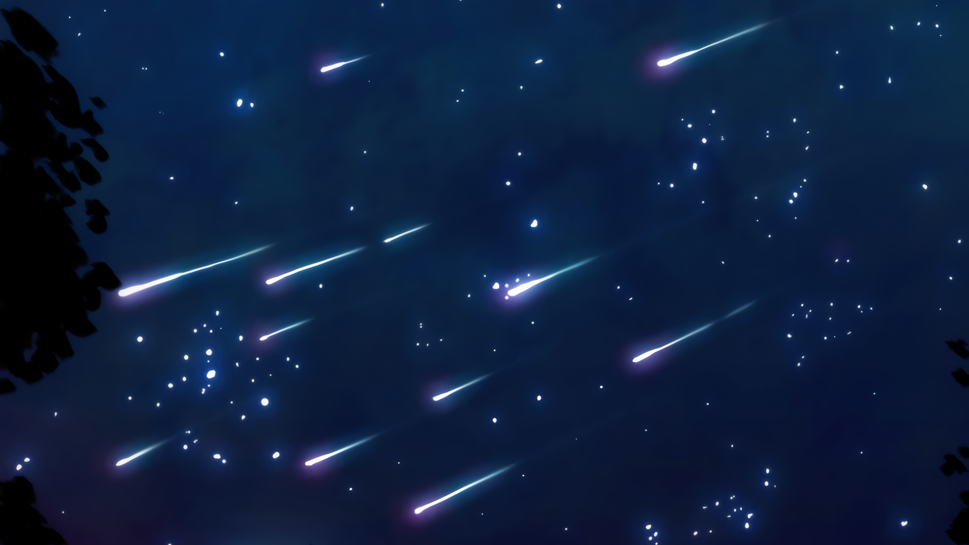 Anime-style HD PC desktop wallpaper featuring Fuuka under a night sky filled with bright, colorful meteor streaks and scattered glowing stars.