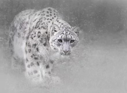 A high-definition desktop wallpaper featuring a snow leopard in a snowfall, blending seamlessly into its frosty surroundings. The image captures the majestic animal's grace and power against a wintry backdrop.