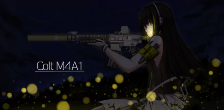 HD wallpaper featuring a character from the video game Girls Frontline, wielding a Colt M4A1 rifle against a dark backdrop illuminated by glowing particles.