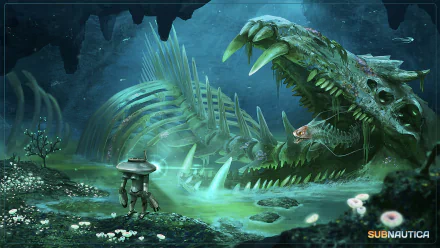 HD desktop wallpaper featuring an underwater scene from Subnautica with an alien creature and submerged architecture.