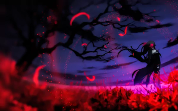 A striking HD wallpaper featuring an anime scene from Undefeated Bahamut Chronicle, showcasing a mysterious figure amidst dark foliage and swirling red petals against a vibrant background.