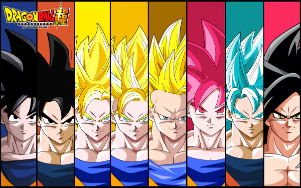An 8K Ultra HD desktop wallpaper featuring Goku from Dragon Ball Super, showcasing various Super Saiyan transformations against a vibrant, colorful background.
