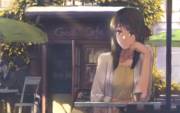 HD desktop wallpaper featuring Mitsuha Miyamizu from the anime Your Name. in a serene café setting, showcasing her seated thoughtfully at an outdoor table amidst warm sunlight.