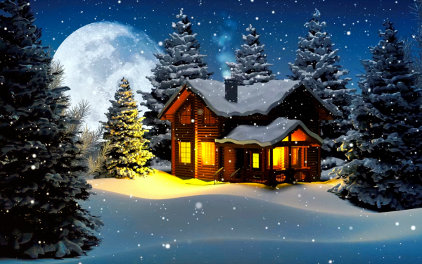 Artistic House Cottage Winter Snow Tree Snowfall Moon Night HD Wallpaper | Background Image