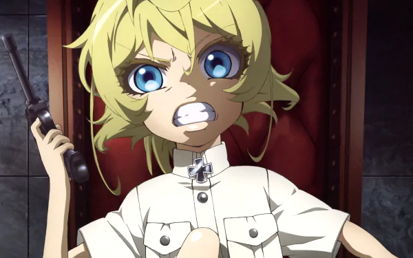 Tanya Degurechaff from the anime The Saga of Tanya the Evil, depicted with a fierce expression holding a pistol, in a 4K Ultra HD desktop wallpaper.