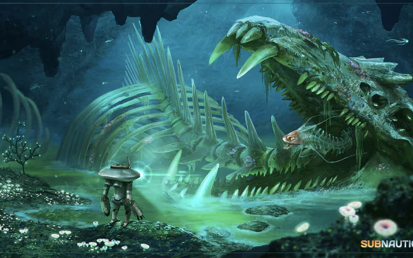 HD desktop wallpaper featuring an underwater scene from Subnautica with an alien creature and submerged architecture.