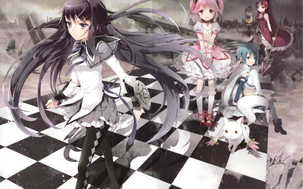 4K Ultra HD PC desktop wallpaper featuring Mami Tomoe, Kyōko Sakura, Sayaka Miki, Kyuubey, Madoka Kaname, and Homura Akemi from the anime Puella Magi Madoka Magica.