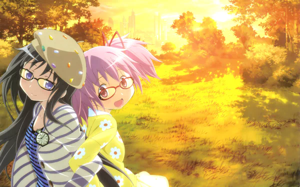 2K Quad HD PC desktop wallpaper: two Puella Magi Madoka Magica characters—pink-haired girl and black-haired girl in casual clothes and glasses—smiling in a sunlit golden park.