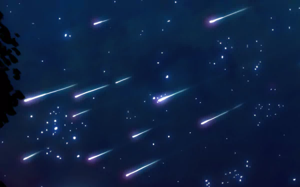 Anime-style HD PC desktop wallpaper featuring Fuuka under a night sky filled with bright, colorful meteor streaks and scattered glowing stars.