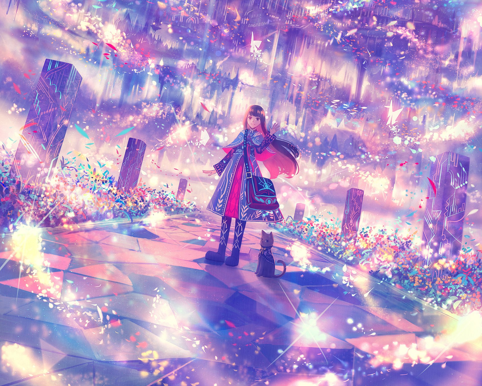 Anime-styled HD desktop wallpaper featuring an original character in a fantastical, glowing landscape with a cat by their side. The scene is vibrant and ethereal, with sparkles and colorful light effects.