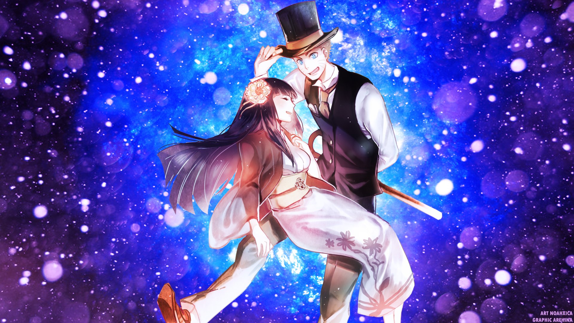 HD anime wallpaper featuring Naruto Uzumaki and Hinata Hyuga dancing against a vibrant, starry blue-purple background from the Naruto series.