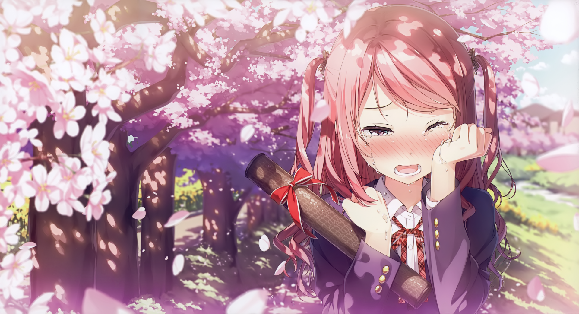 HD anime desktop wallpaper featuring a teary-eyed girl from 5 Nenme no Houkago amidst blooming cherry blossoms, conveying a poignant springtime scene.