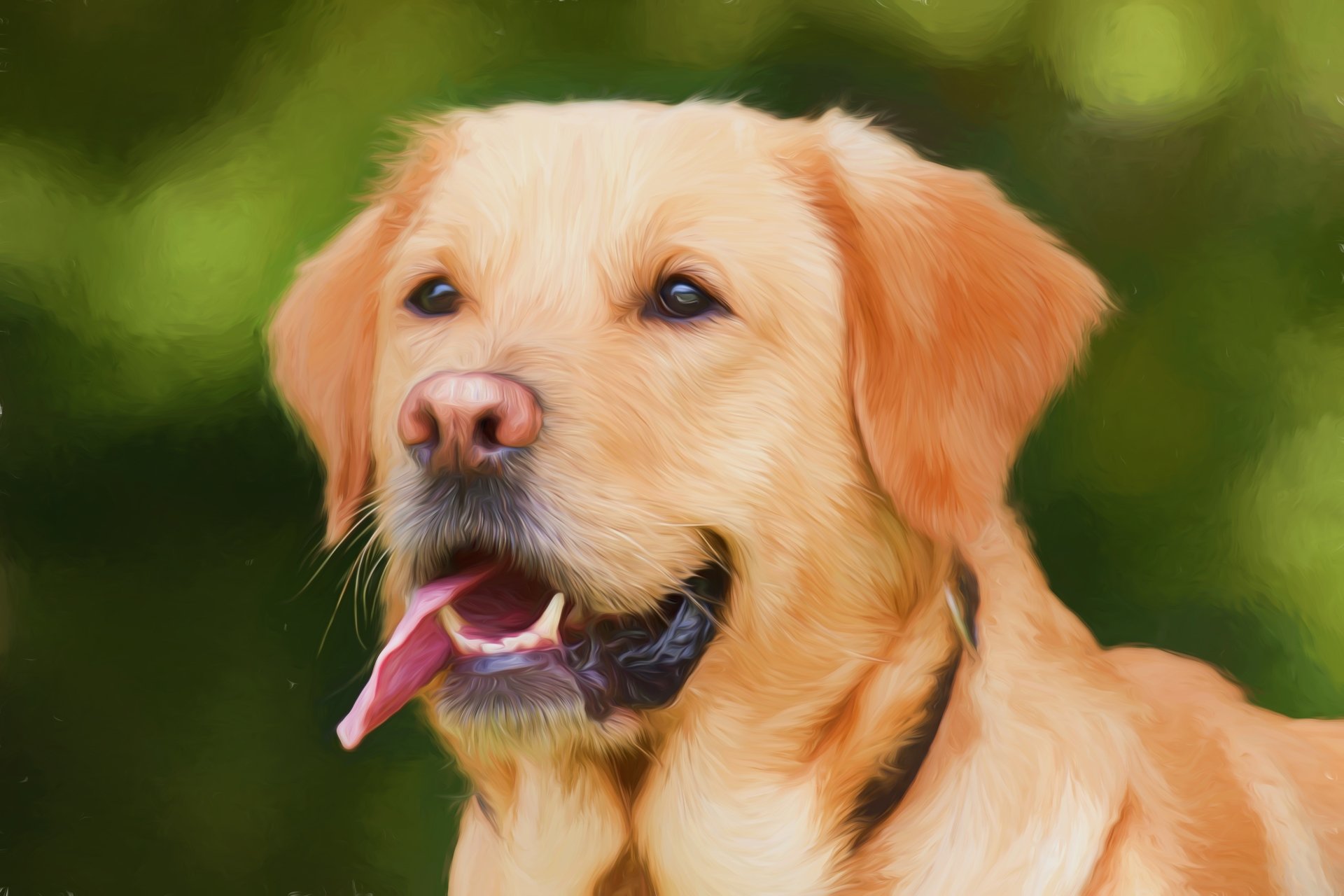 An oil painting portrait of a Labrador Retriever, featuring a joyful expression, set against a soft, blurred background. This 4K Ultra HD image serves as a vibrant desktop wallpaper.