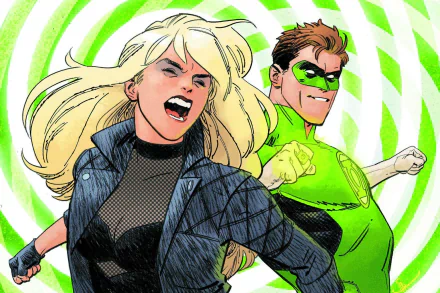 HD PC desktop wallpaper featuring Hal Jordan as Green Lantern and Black Canary in dynamic comic-style art with vibrant green and white spiral background.
