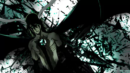 HD desktop wallpaper featuring Ulquiorra Cifer from the anime Bleach, captured in a dark, dramatic style with green and black abstract patterns in the background.