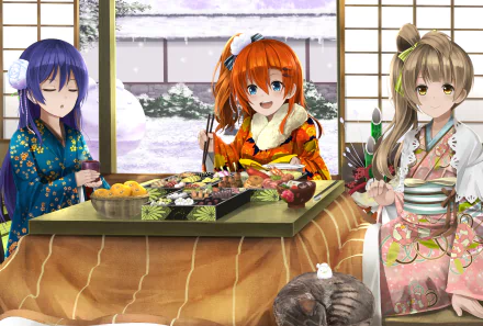 HD anime desktop wallpaper featuring Kotori Minami, Honoka Kousaka, and Umi Sonoda from Love Live! enjoying a traditional Japanese winter meal indoors with snowy garden view.