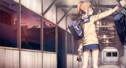 HD wallpaper from the anime 5 Nenme no Houkago featuring an original character in a school uniform, standing in a walkway at sunset with a serene and contemplative atmosphere.