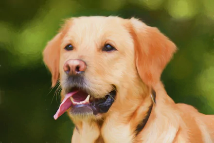 An oil painting portrait of a Labrador Retriever, featuring a joyful expression, set against a soft, blurred background. This 4K Ultra HD image serves as a vibrant desktop wallpaper.