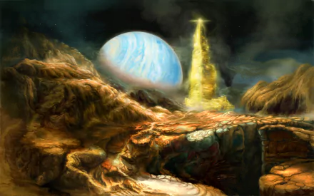 HD Sci-Fi desktop wallpaper depicting a rugged mountain landscape with a glowing star and a large planet rising in the dark space sky.