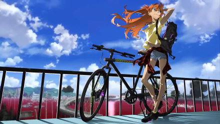 HD wallpaper featuring Asuka Langley Sohryu from Neon Genesis Evangelion, standing beside a bike against a scenic city backdrop with a bright blue sky.