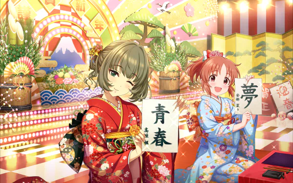 HD PC desktop wallpaper featuring Nana Abe and Kaede Takagaki from The iDOLM@STER Cinderella Girls in colorful traditional kimonos amidst a festive setting.