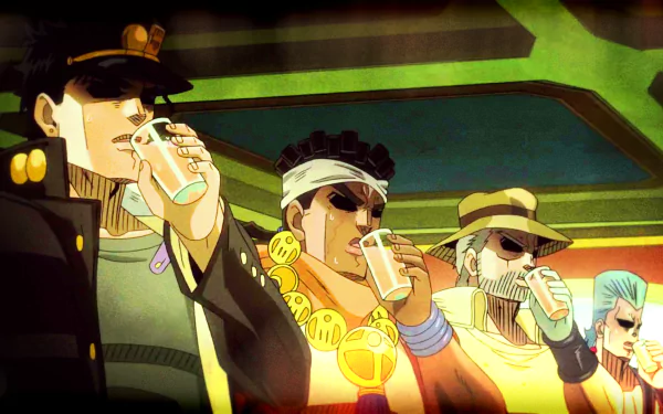 HD desktop wallpaper featuring Jotaro Kujo, Muhammad Avdol, Jean Pierre Polnareff, and Joseph Joestar from JoJo's Bizarre Adventure: Stardust Crusaders drinking together.