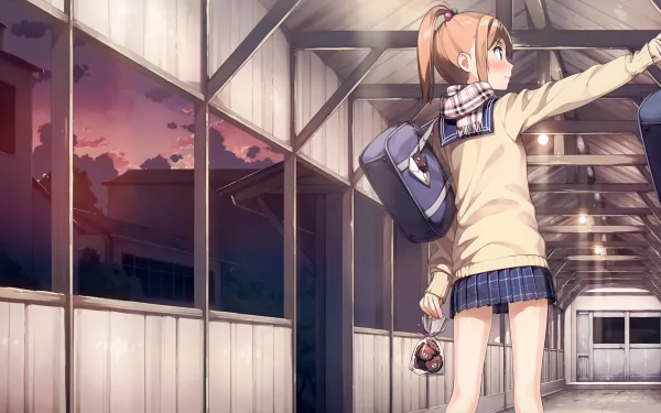 HD wallpaper from the anime 5 Nenme no Houkago featuring an original character in a school uniform, standing in a walkway at sunset with a serene and contemplative atmosphere.