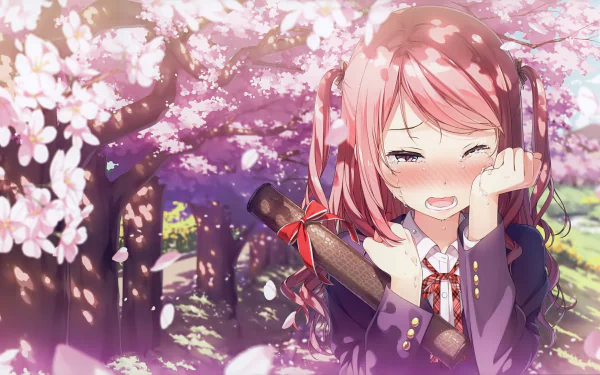 HD anime desktop wallpaper featuring a teary-eyed girl from 5 Nenme no Houkago amidst blooming cherry blossoms, conveying a poignant springtime scene.