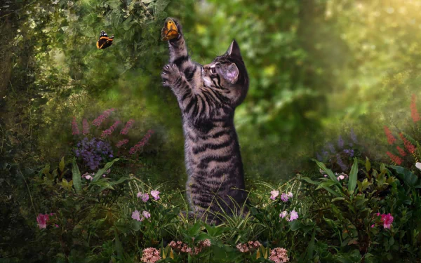 A cute kitten plays with a butterfly in a lush, flower-filled garden. This HD desktop wallpaper captures the joyful interaction between the cat and butterfly, set against a vibrant, natural background.