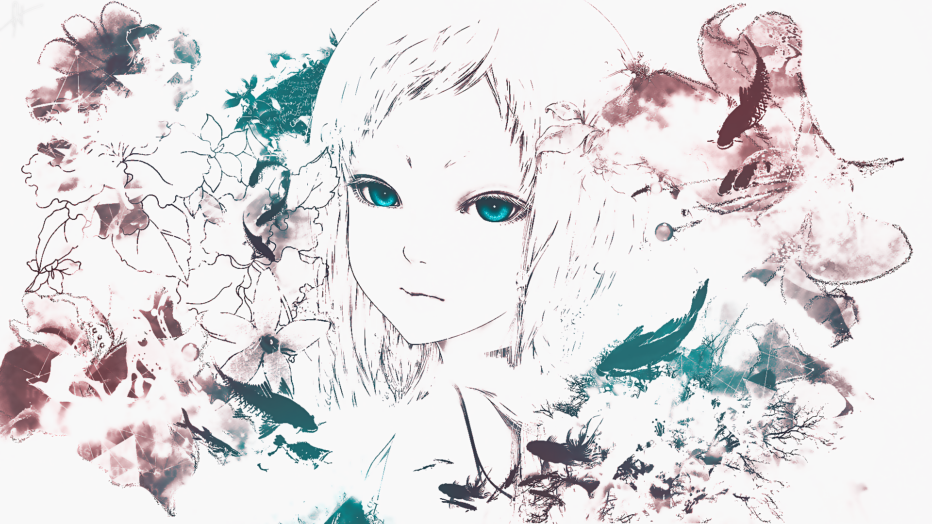 Anime Original HD PC desktop wallpaper: high-key illustration of a pale girl with teal eyes amid teal and maroon ink flowers and koi, delicate minimalist background.