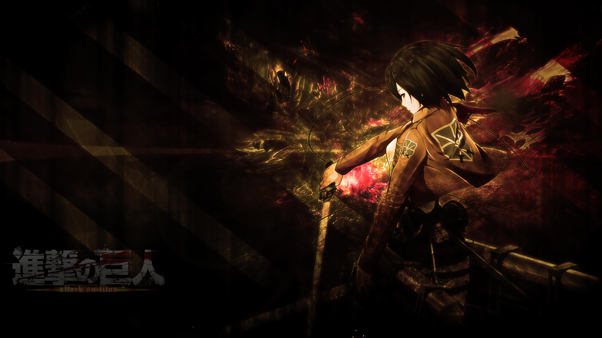 HD desktop wallpaper of Mikasa Ackerman from the anime Attack on Titan, featuring her in action against a vibrant, intense background with bold colors.