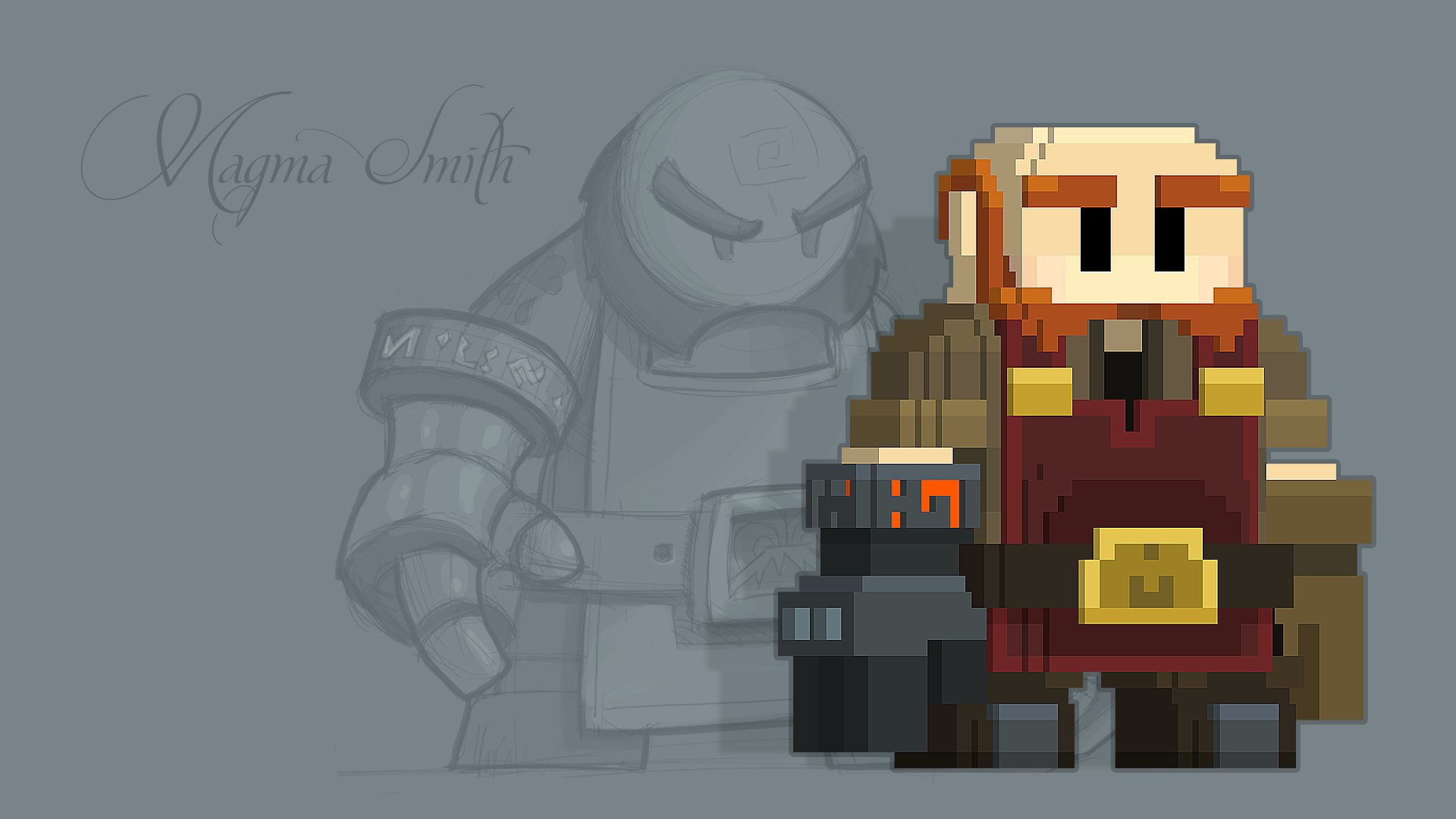 HD desktop wallpaper featuring a pixelated character from the game Stonehearth with a faded emblem in the background.