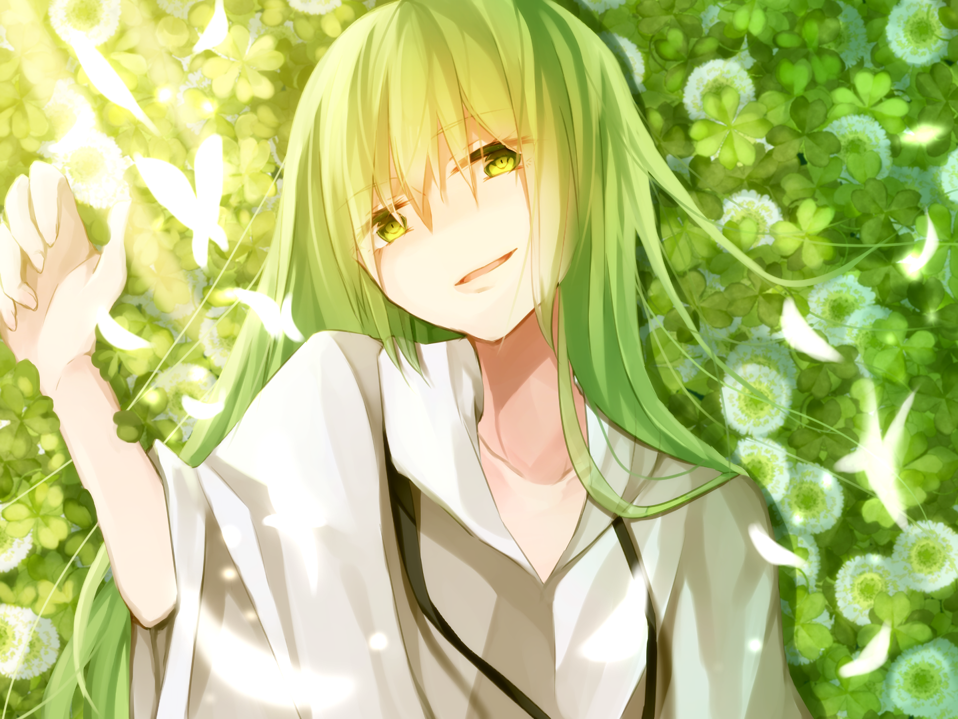 A vibrant anime illustration from Fate/Grand Order featuring a character with green hair and bright eyes, surrounded by lush greenery and butterflies, making for a stunning desktop wallpaper.