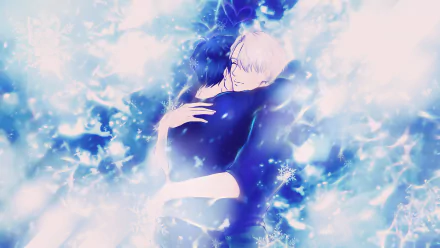 HD desktop wallpaper and background featuring characters from the anime Yuri!!! on ICE embracing in a snowy, luminous fantasy setting.