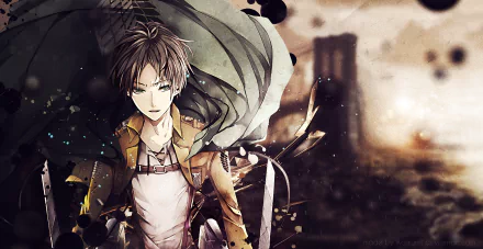 HD anime desktop wallpaper featuring Eren Yeager from Attack on Titan in his Survey Corps uniform with a dramatic, dark background.