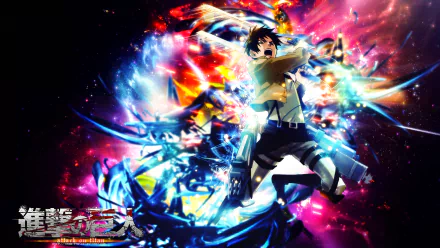 HD PC desktop wallpaper featuring Eren Yeager from the anime Attack on Titan with dynamic, colorful energy effects and intense action elements.
