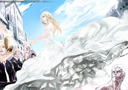 HD PC desktop wallpaper featuring Attack on Titan characters Petra Ral, Mike Zacharias, Levi Ackerman, Historia Reiss, and Erwin Smith in an anime-style scene.