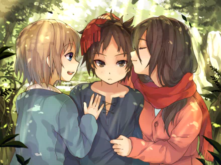 HD desktop wallpaper featuring Eren Yeager, Armin Arlert, and Mikasa Ackerman from the anime Attack on Titan, set against a serene outdoor background.