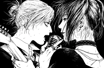 Black-and-white HD anime wallpaper featuring Mikasa Ackerman and Annie Leonhart from Attack on Titan, facing each other intensely with a microphone between them.