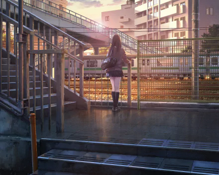 HD anime wallpaper of a serene train station at dusk, featuring a lone girl standing by the tracks, with a departing train and city buildings in the background.