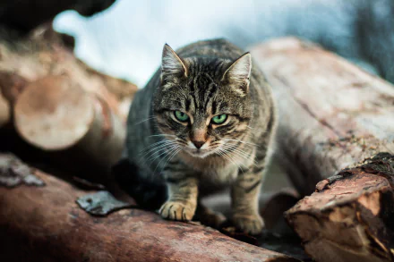 A tabby cat with striking green eyes stares intently while perched on logs. This HD desktop wallpaper captures the cat's intense gaze and natural surroundings.