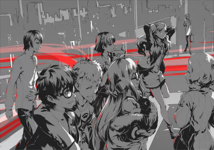 A dynamic desktop wallpaper featuring characters from the video game Persona 5: Ann Takamaki, Futaba Sakura, Ryuji Sakamoto, Haru Okumura, Makoto Niijima, Akira Kurusu, Morgana, Yusuke Kitagawa, and Goro Akechi.
