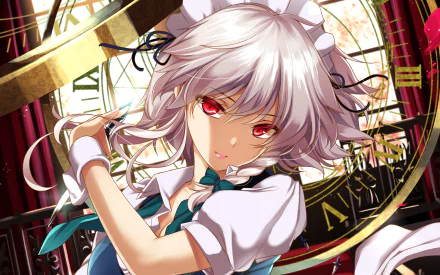 HD desktop wallpaper featuring Sakuya Izayoi, an anime character from Touhou, with white hair and striking red eyes, positioned against a detailed intricate background.